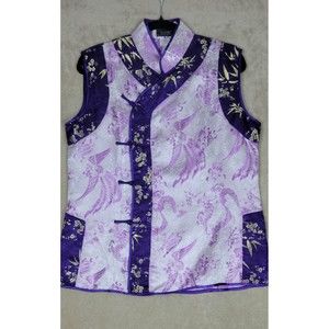 Vintage Cassure by SD & Kim Sleeveless Top Mandarin Silky Blouse White Purple